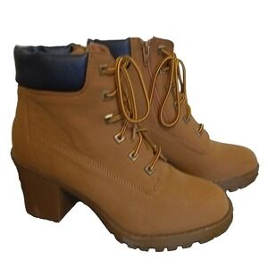 Zigisoho Womens Workboot Style Heeled Boots – Tan - Size 8 1/2